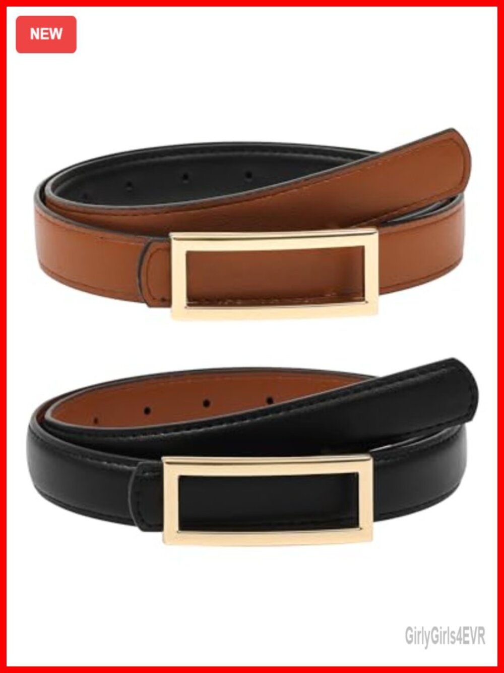 Reversible PU Leather Skinny Belt for Women, 2-in-1 Gold Buckle